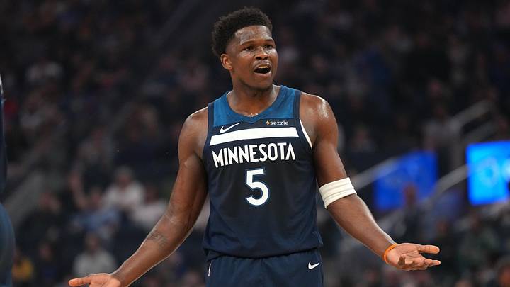 Mar 13, 2026; San Francisco, California, USA; Minnesota Timberwolves guard Anthony Edwards (5) reacts after being fouled against the Golden State Warriors in the first quarter at the Chase Center. Mandatory Credit: Cary Edmondson-Imagn Images