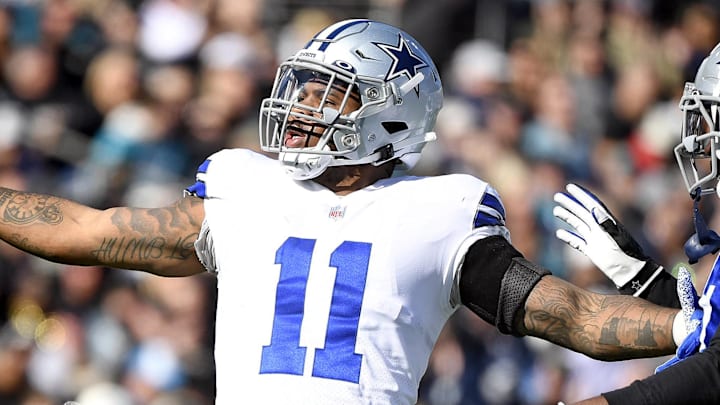 Dec 18, 2022; Jacksonville, Florida, USA; Dallas Cowboys linebacker Micah Parsons (11) celebrates a sack during the first quarter against the Jacksonville Jaguars at TIAA Bank Field. Mandatory Credit: Melina Myers-Imagn Images