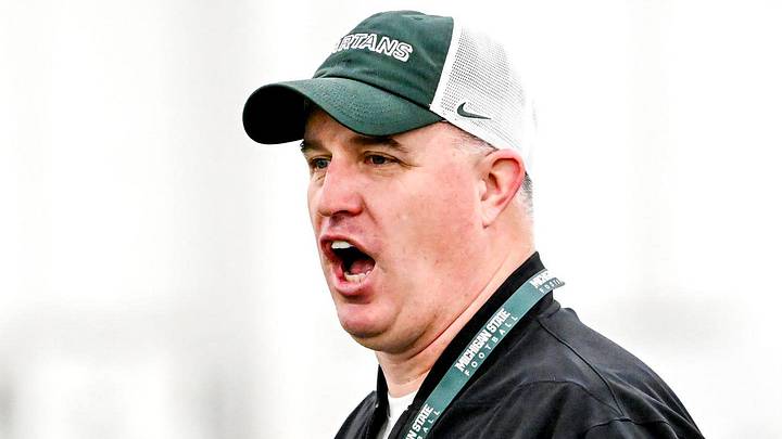 Michigan State's head coach Pat Fitzgerald calls out to players during spring football practice on Tuesday, April 14, 2026, in East Lansing.