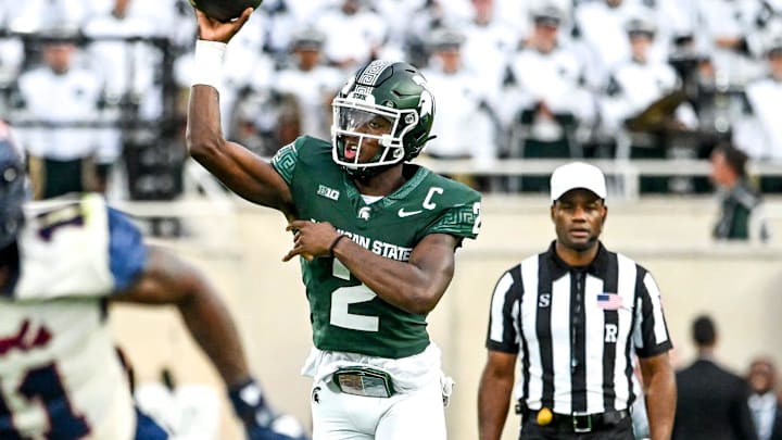 Michigan State's Aidan Chiles throws a pass against Florida Atlantic during the first quarter on Friday, Aug. 30, 2024, at Spartan Stadium in East Lansing.