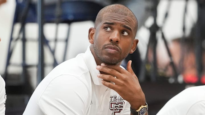 NBA player Chris Paul looks on as Team CP3 plays a game against Nightrydas at Nike EYBL at the Memphis Sports & Events Center on Saturday, May 17, 2025.
