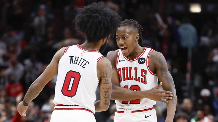 Dec 2, 2023; Chicago, Illinois, USA; Chicago Bulls guard Coby White (0) celebrates with guard Ayo Dosunmu (12) after defeating the New Orleans Pelicans at United Center. Mandatory Credit: Kamil Krzaczynski-Imagn Images Dec 2, 2023; Chicago, Illinois, USA; Chicago Bulls guard Coby White (0) celebrates with guard Ayo Dosunmu (12) after defeating the New Orleans Pelicans at United Center. Mandatory Credit: Kamil Krzaczynski-Imagn Images