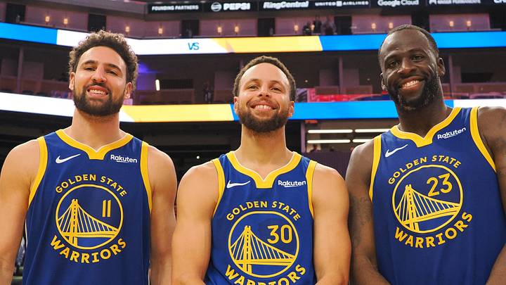 Nov 30, 2023; San Francisco, California, USA; Golden State Warriors guard Klay Thompson (11), guard Stephen Curry (30) and forward Draymond Green (23) after the game against the Los Angeles Clippers at Chase Center. Mandatory Credit: Kelley L Cox-USA TODAY Sports