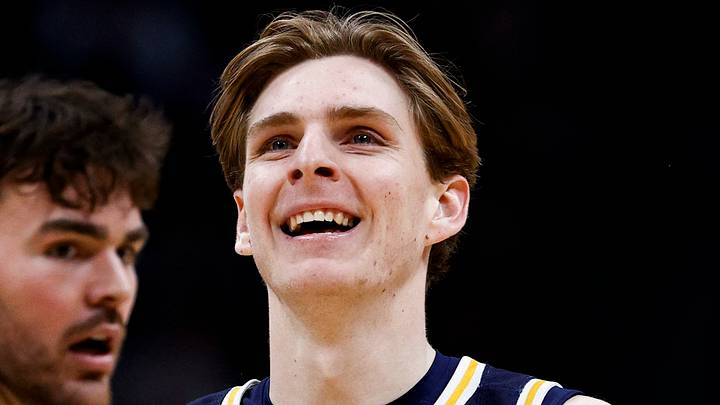 March 20, 2025; Denver, CO, USA; Boston Celtics and former UC San Diego Tritons guard Hayden Gray (3) reacts during the second half against the Michigan Wolverines at Ball Arena. Mandatory Credit: Isaiah J. Downing-Imagn Images