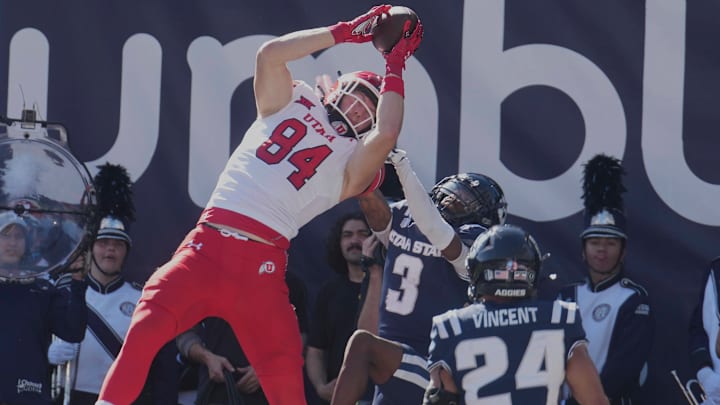 September 14 2024: Utah Utes tight end Caleb Lohner (84) catches a pass for a touchdown during the game with Utah Utes and Utah State held at Merlin Olson Field in Logan, Ut. 