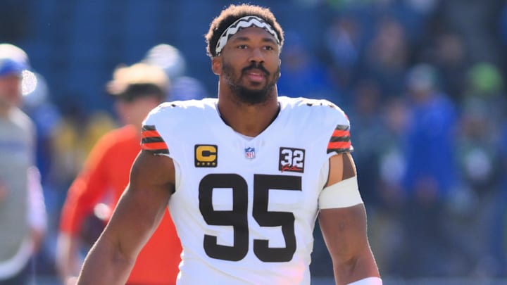 Oct 29, 2023; Seattle, Washington, USA; Cleveland Browns defensive end Myles Garrett (95) during warmups prior to the game against the Seattle Seahawks at Lumen Field. Mandatory Credit: Steven Bisig-Imagn Images