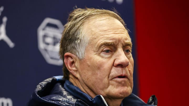 Nov 29, 2025; Raleigh, North Carolina, USA;  North Carolina Tar Heels head coach Bill Belichick addresses the media after the second half of the game against NC State Wolfpack at Carter-Finley Stadium.  Mandatory Credit: Jaylynn Nash-Imagn Images