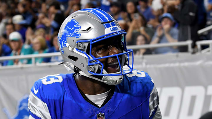 Detroit Lions wide receiver Jackson Meeks (83) celebrates after scoring a touchdown against the Miami Dolphins Detroit Lions wide receiver Jackson Meeks (83) celebrates after scoring a touchdown against the Miami Dolphins