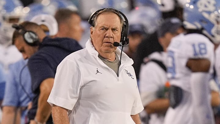 Sep 6, 2025; Charlotte, North Carolina, USA; North Carolina Tar Heels head coach Bill Belichic during the first half against the Charlotte 49ers at Jerry Richardson Stadium. Mandatory Credit: Jim Dedmon-Imagn Images Sep 6, 2025; Charlotte, North Carolina, USA; North Carolina Tar Heels head coach Bill Belichic during the first half against the Charlotte 49ers at Jerry Richardson Stadium. Mandatory Credit: Jim Dedmon-Imagn Images