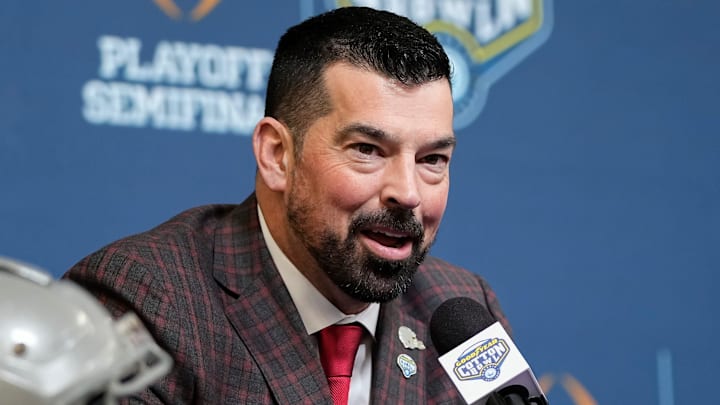 Ohio State Buckeyes head coach Ryan Day speaks during a press conference at AT&T Stadium prior to the College Football Playoff semifinal at the Cotton Bowl Classic in Arlington, Texas on Jan. 9, 2025.