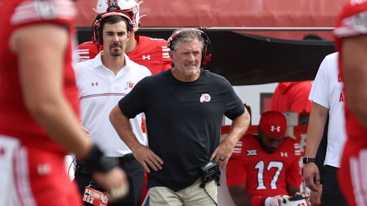 Utah Utes head coach Kyle Whittingham looks on during the fourth quarter of the game against the Texas Tech Red Raiders at Rice-Eccles Stadium. Utah Utes head coach Kyle Whittingham looks on during the fourth quarter of the game against the Texas Tech Red Raiders at Rice-Eccles Stadium.