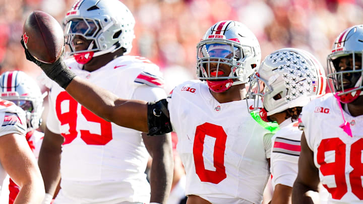 Ohio State Buckeyes linebacker Sonny Styles celebrates after intercepting a pass against the Wisconsin Badgers