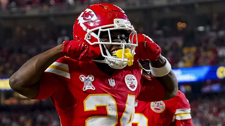 Dec 25, 2025; Kansas City, Missouri, USA; Kansas City Chiefs running back Brashard Smith (24) celebrates during the second quarter at GEHA Field at Arrowhead Stadium. Dec 25, 2025; Kansas City, Missouri, USA; Kansas City Chiefs running back Brashard Smith (24) celebrates during the second quarter at GEHA Field at Arrowhead Stadium.