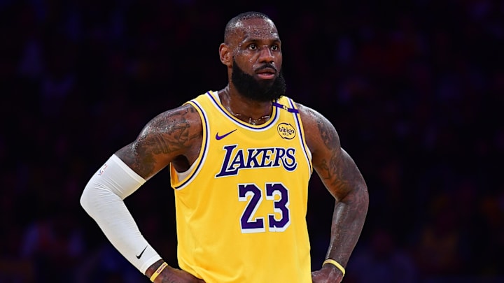Apr 30, 2025; Los Angeles, California, USA; Los Angeles Lakers forward LeBron James (23) reacts during the first half in game five of first round for the 2025 NBA Playoffs at Crypto.com Arena. Mandatory Credit: Gary A. Vasquez-Imagn Images Apr 30, 2025; Los Angeles, California, USA; Los Angeles Lakers forward LeBron James (23) reacts during the first half in game five of first round for the 2025 NBA Playoffs at Crypto.com Arena. Mandatory Credit: Gary A. Vasquez-Imagn Images