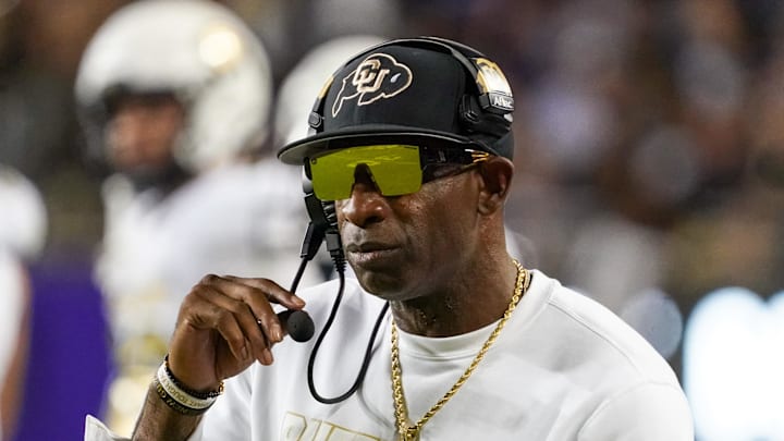 Oct 4, 2025; Fort Worth, Texas, USA; Colorado Buffaloes head coach Deion Sanders on the sidelines during the first half against the TCU Horned Frogs at Amon G. Carter Stadium.  