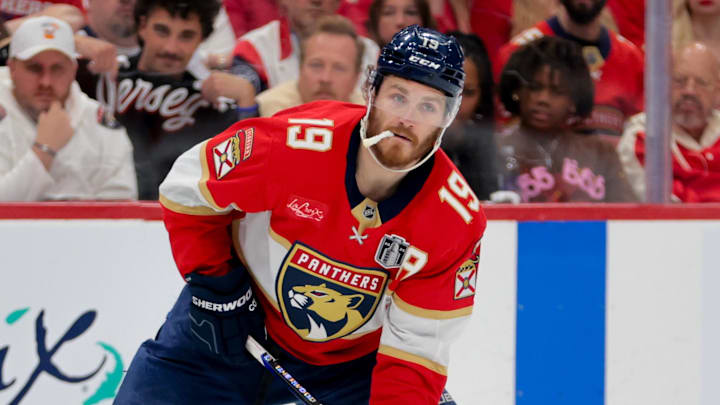 Jun 17, 2025; Sunrise, Florida, USA; Florida Panthers left wing Matthew Tkachuk (19) controls the puck against the Edmonton Oilers during the second period in game six of the 2025 Stanley Cup Final at Amerant Bank Arena. Mandatory Credit: Sam Navarro-Imagn Images