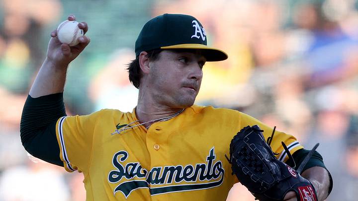 Aug 15, 2026; West Sacramento, California, USA; Athletics starting pitcher J.T. Ginn (35) throws a pitch against the Texas Rangers during the first inning at Sutter Health Park. Mandatory Credit: Dennis Lee-Imagn Images Aug 15, 2026; West Sacramento, California, USA; Athletics starting pitcher J.T. Ginn (35) throws a pitch against the Texas Rangers during the first inning at Sutter Health Park. Mandatory Credit: Dennis Lee-Imagn Images