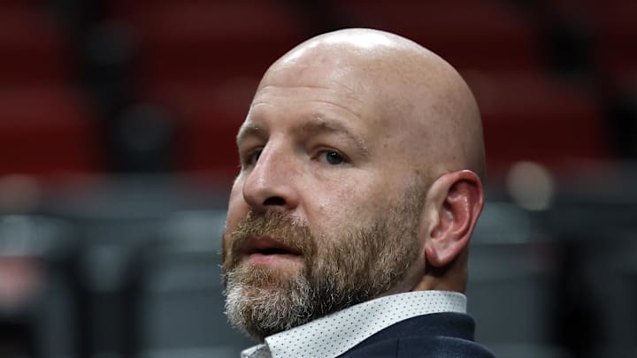 Portland Trail Blazers general manager Joe Cronin looks on during warm ups.