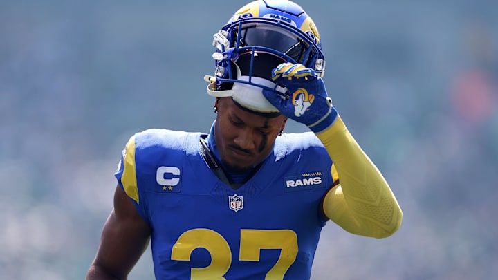 Sep 21, 2025; Philadelphia, Pennsylvania, USA; Los Angeles Rams safety Quentin Lake (37) takes the field before the first half at Lincoln Financial Field. Mandatory Credit: Bill Streicher-Imagn Images