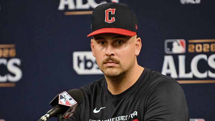 Cleveland Guardians first baseman Nathaniel Lowe (46) speaks to the media