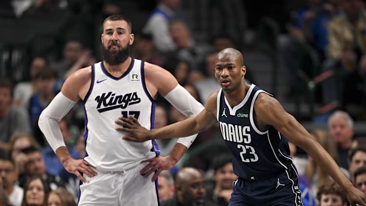 Mar 3, 2025; Dallas, Texas, USA; Sacramento Kings center Jonas Valanciunas (17) and Dallas Mavericks forward Kai Jones (23) look on during the first quarter at the American Airlines Center. Mandatory Credit: Jerome Miron-Imagn Images Mar 3, 2025; Dallas, Texas, USA; Sacramento Kings center Jonas Valanciunas (17) and Dallas Mavericks forward Kai Jones (23) look on during the first quarter at the American Airlines Center. Mandatory Credit: Jerome Miron-Imagn Images