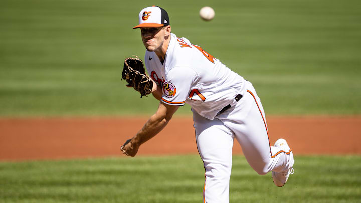 Sep 26, 2021; Baltimore, Maryland, USA; Baltimore Orioles starting pitcher John Means (47) pitches against the Texas Rangers during the first inning at Oriole Park at Camden Yards. Mandatory Credit: Scott Taetsch-Imagn Images Sep 26, 2021; Baltimore, Maryland, USA; Baltimore Orioles starting pitcher John Means (47) pitches against the Texas Rangers during the first inning at Oriole Park at Camden Yards. Mandatory Credit: Scott Taetsch-Imagn Images