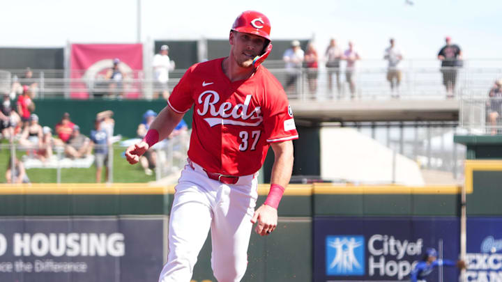 Feb 24, 2025; Goodyear, Arizona, USA; Cincinnati Reds catcher Tyler Stephenson (37) runs the bases against the Los Angeles Dodgers during the first inning at Goodyear Ballpark. Mandatory Credit: Joe Camporeale-Imagn Images