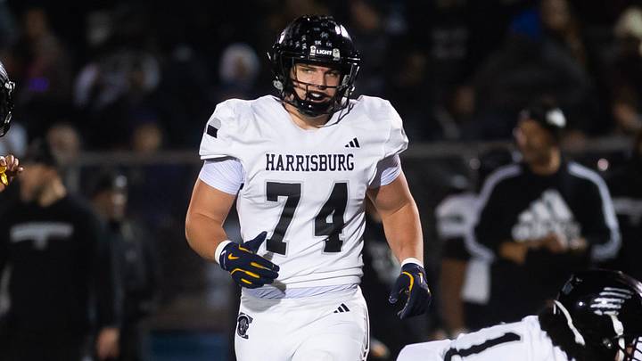 Harrisburg offensive tackle Kevin Brown (74) lines up during the PIAA District 3 Class 6A Championship against Central York at Cedar Cliff High School on Friday, Nov. 21, 2025, in New Cumberland.