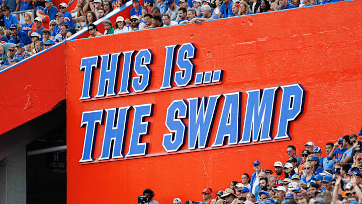 One of the corners of the stadium that reads This Is The Swamp between the Florida Gators and Texas Longhorns during the second half at Ben Hill Griffin Stadium.