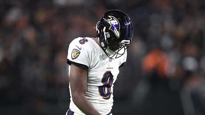 Sep 13, 2021; Paradise, Nevada, USA; Baltimore Ravens quarterback Lamar Jackson (8) reacts against the Las Vegas Raiders during Monday Night Football at Allegiant Stadium. Mandatory Credit: Mark J. Rebilas-Imagn Images Sep 13, 2021; Paradise, Nevada, USA; Baltimore Ravens quarterback Lamar Jackson (8) reacts against the Las Vegas Raiders during Monday Night Football at Allegiant Stadium. Mandatory Credit: Mark J. Rebilas-Imagn Images