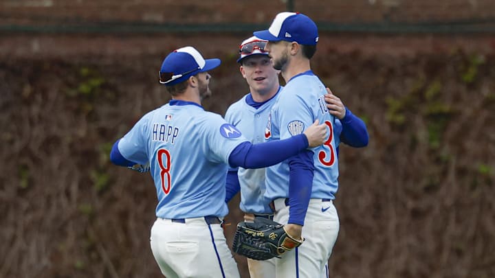 Apr 25, 2025; Chicago, Illinois, USA; Chicago Cubs outfielders Ian Happ, Pete Crow-Armstrong and Kyle Tucker celebrate after defeating the Philadelphia Phillies at Wrigley Field.