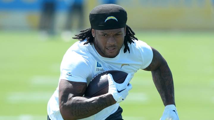 May 19, 2026; El Segundo, CA, USA; Los Angeles Chargers running back Omarion Hampton (8) carries the ball during offseason workouts at The Bolt. Mandatory Credit: Kirby Lee-Imagn Images