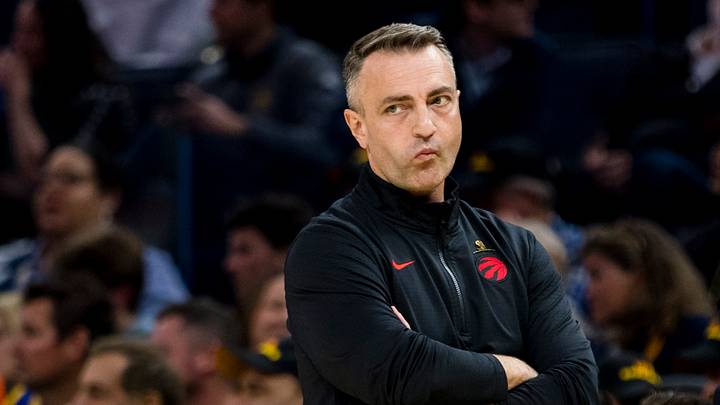 Mar 20, 2025; San Francisco, California, USA; Toronto Raptors head coach Darko Rajakovic reacts during the first quarter against the Golden State Warriors at Chase Center. Mandatory Credit: John Hefti-Imagn Images