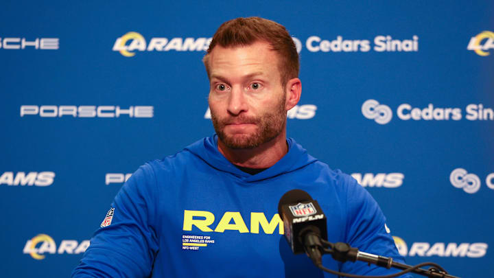 Dec 18, 2025; Seattle, Washington, USA;  Los Angeles Rams head coach Sean McVay speaks in a press conference after a game against the Seattle Seahawks at Lumen Field. Mandatory Credit: Kevin Ng-Imagn Images