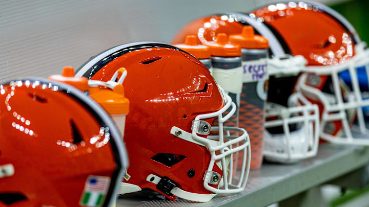 Nov 17, 2024; New Orleans, Louisiana, USA;  Detailed view of the Cleveland Browns helmets on a time out against the New Orleans Saints during the first half at Caesars Superdome. Mandatory Credit: Stephen Lew-Imagn Images