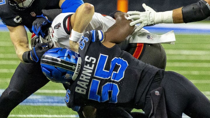 Detroit Lions linebacker Derrick Barnes (55) sacks Tampa Bay Buccaneers quarterback Baker Mayfield (6) Detroit Lions linebacker Derrick Barnes (55) sacks Tampa Bay Buccaneers quarterback Baker Mayfield (6)