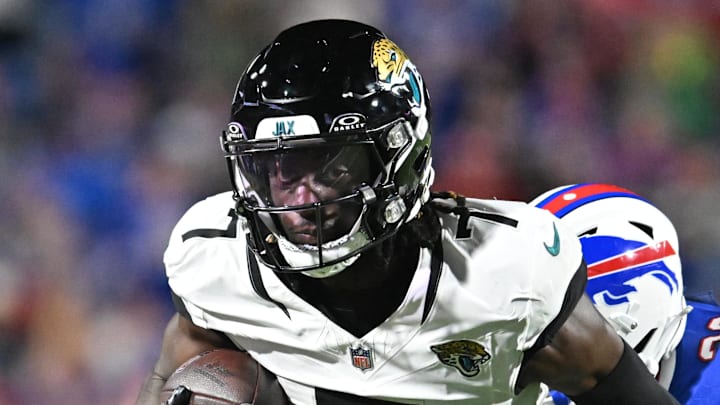 Sep 23, 2024; Orchard Park, New York, USA; Jacksonville Jaguars wide receiver Brian Thomas Jr. (7) turns up field after making a catch against the Buffalo Bills in the third quarter at Highmark Stadium. Mandatory Credit: Mark Konezny-Imagn Images Sep 23, 2024; Orchard Park, New York, USA; Jacksonville Jaguars wide receiver Brian Thomas Jr. (7) turns up field after making a catch against the Buffalo Bills in the third quarter at Highmark Stadium. Mandatory Credit: Mark Konezny-Imagn Images