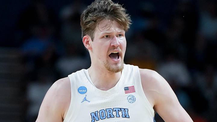 Mar 19, 2026; Greenville, SC, USA; North Carolina Tar Heels center Henri Veesaar (13) celebrates after a play against the VCU Rams in the first half of a first round game of the men's 2026 NCAA Tournament at Bon Secours Wellness Arena. Mandatory Credit: Bob Donnan-Imagn Images