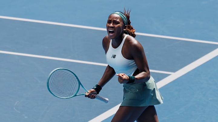 Coco Gauff celebrates a point at the Australian Open.