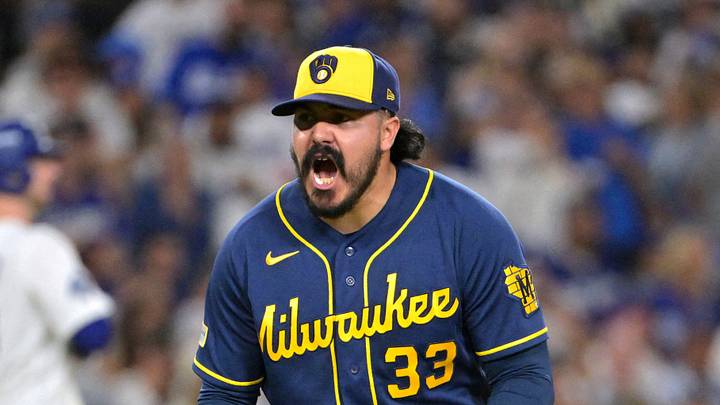 Los Angeles, California, USA; Milwaukee Brewers pitcher JoJo Romero (33) reacts during the sixth inning against the Los Angeles Dodgers in game four of the NLCS for the 2026 MLB Playoffs at Uniqlo Field at Dodger Stadium. Mandatory Credit: Jayne Kamin-Oncea-Imagn Images TPX IMAGES OF THE DAY Los Angeles, California, USA; Milwaukee Brewers pitcher JoJo Romero (33) reacts during the sixth inning against the Los Angeles Dodgers in game four of the NLCS for the 2026 MLB Playoffs at Uniqlo Field at Dodger Stadium. Mandatory Credit: Jayne Kamin-Oncea-Imagn Images TPX IMAGES OF THE DAY
