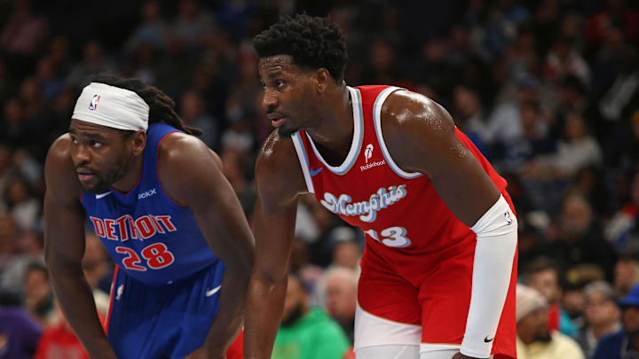 Nov 27, 2024; Memphis, Tennessee, USA; Detroit Pistons center Isaiah Stewart (28) and Memphis Grizzlies forward Jaren Jackson Jr. (13) wait for a free throw during the first quarter at FedExForum. Mandatory Credit: Petre Thomas-Imagn Images Nov 27, 2024; Memphis, Tennessee, USA; Detroit Pistons center Isaiah Stewart (28) and Memphis Grizzlies forward Jaren Jackson Jr. (13) wait for a free throw during the first quarter at FedExForum. Mandatory Credit: Petre Thomas-Imagn Images