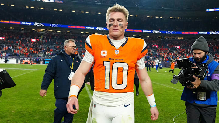 Jan 17, 2026; Denver, CO, USA; Denver Broncos quarterback Bo Nix (10) reacts after winning an AFC Divisional Round playoff game against the Buffalo Bills at Empower Field at Mile High. 