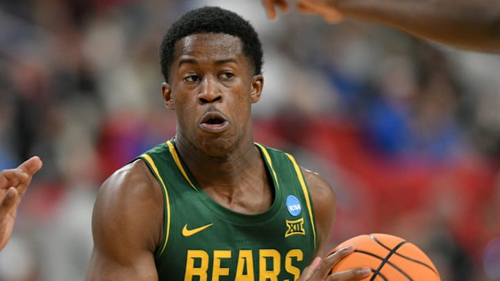 Mar 21, 2025; Raleigh, NC, USA; Baylor Bears guard VJ Edgecombe (7) has the ball against the Mississippi State Bulldogs during the second half in the first round of the NCAA Tournament at Lenovo Center. Mandatory Credit: Zachary Taft-Imagn Images