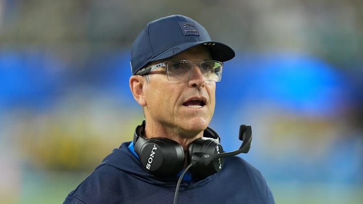 Dec 8, 2025; Inglewood, California, USA;  Los Angeles Chargers head coach Jim Harbaugh reacts in the first half against the Philadelphia Eagles at SoFi Stadium. Mandatory Credit: Kirby Lee-Imagn Images