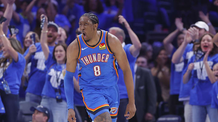 May 18, 2025; Oklahoma City, Oklahoma, USA; Oklahoma City Thunder forward Jalen Williams (8) celebrates after scoring against the Denver Nuggets in the second quarter during game seven of the second round for the 2025 NBA Playoffs at Paycom Center. Mandatory Credit: Alonzo Adams-Imagn Images May 18, 2025; Oklahoma City, Oklahoma, USA; Oklahoma City Thunder forward Jalen Williams (8) celebrates after scoring against the Denver Nuggets in the second quarter during game seven of the second round for the 2025 NBA Playoffs at Paycom Center. Mandatory Credit: Alonzo Adams-Imagn Images