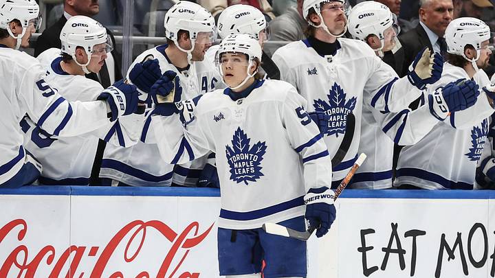 Apr 9, 2026; Elmont, New York, USA;  Toronto Maple Leafs right wing Easton Cowan (53) celebrates with teammates after scoring a goal in the second period against the New York Islanders at UBS Arena. Mandatory Credit: Wendell Cruz-Imagn Images