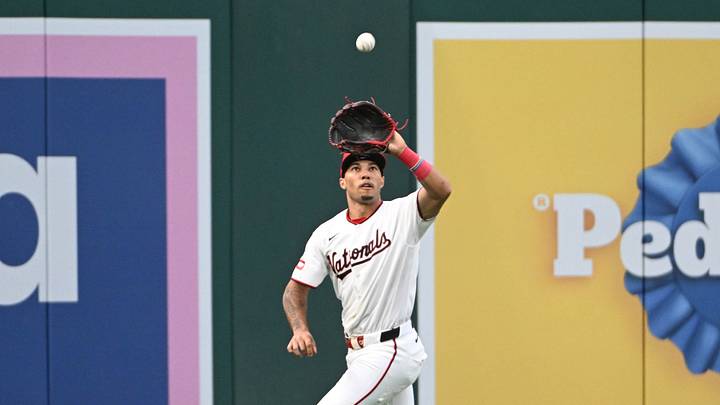 Sep 2, 2026; Washington, District of Columbia, USA; Washington Nationals left fielder Daylen Lile (4) catches a fly ball against the Atlanta Braves during the ninth inning at Nationals Park. Mandatory Credit: Brad Mills-Imagn Images