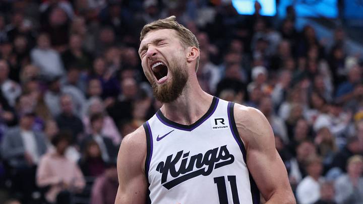 Oct 29, 2024; Salt Lake City, Utah, USA; Sacramento Kings forward Domantas Sabonis (11) reacts to being called for a foul against the Utah Jazz during the third quarter at Delta Center. Mandatory Credit: Rob Gray-Imagn Images