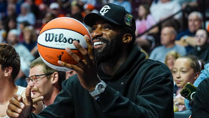 Jun 22, 2026; Uncasville, Connecticut, USA; NBA 76’ers player Andre Drummond on the sideline as the Connecticut Sun take on the Chicago Sky in the first half at Mohegan Sun Arena. Mandatory Credit: David Butler II-Imagn Images