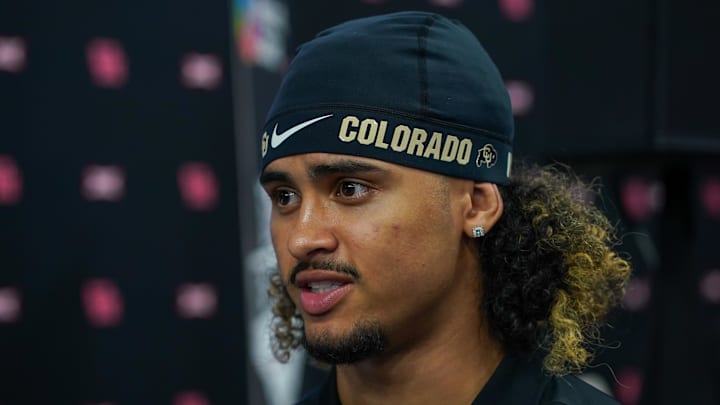 Jul 9, 2025; Frisco, TX, USA; Colorado quarterback Julian Lewis speaks with the media during 2025 Big 12 Football Media Days at The Star. Mandatory Credit: Raymond Carlin III-Imagn Images